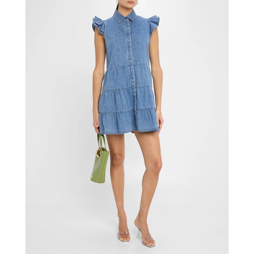 New ALICE + OLIVIA Jem Denim Tiered Mini Shirt Dress in Large - Picture 5 of 13